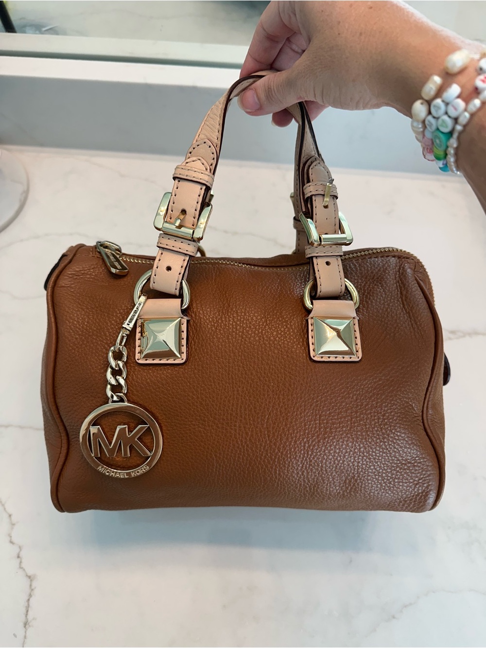 Michael Kors Tan Leather Satchel with Pale Pink Straps